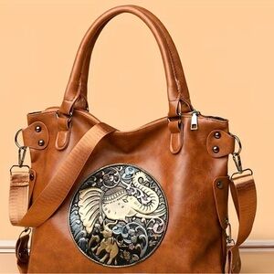 Brown Elephant Embossed Tote Bag